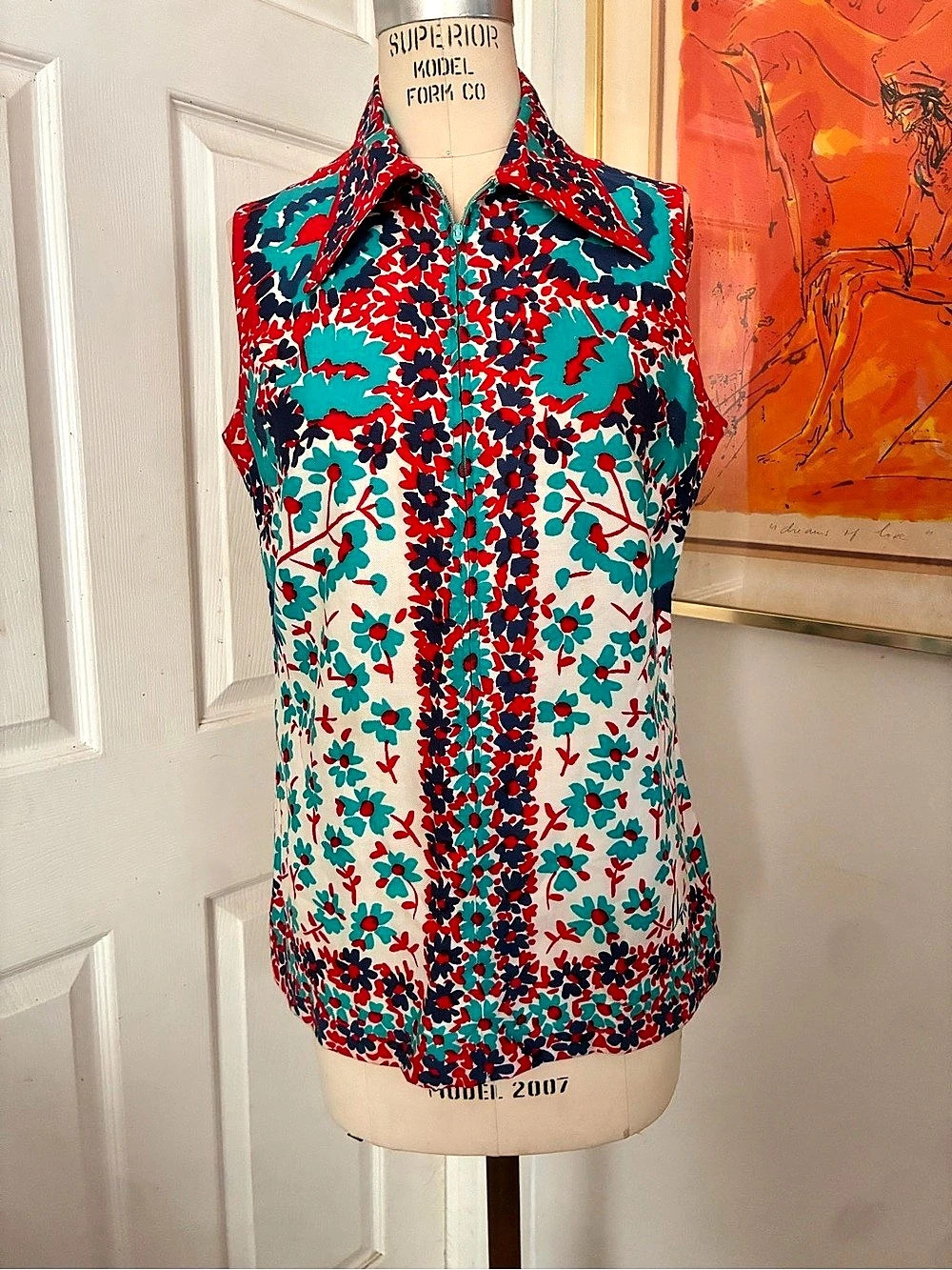 Vera Neumann Women's Floral Sleeveless Blouse Turquoise & Red Size 12